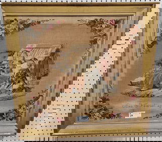 Framed 19th C Needlework Sgnd Ellen E. Fowler Aged 9 24" X 24 1/2" w/Frame 29" X 29 1/2"