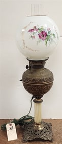 Bradley + Hubbard Brass + Alabaster Oil Lamp w/Sgnd Handel Hand Enameled Shade # 227 - Elec.