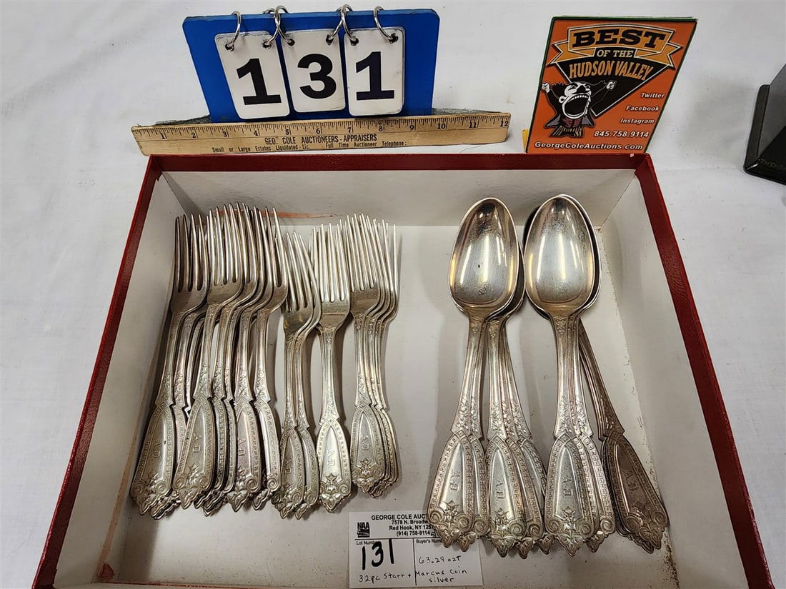 Tray 32 Pc. Coin Silver Starr + Marcus 1866 Patent Flatware 22 Forks, 10 Spoons 63.29 ozT (1 of 6)
