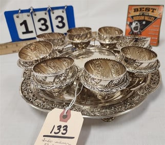 Indo Silver Tray w/8 Cups 39.81 ozT