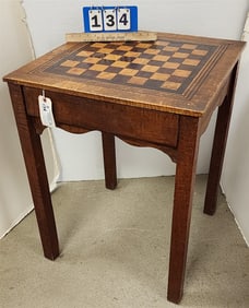 19th C Tiger Maple 1 Drawer Stand w/Inlaid Rosewood + Maple Checkerboard Top 29" H X 22" Sq.