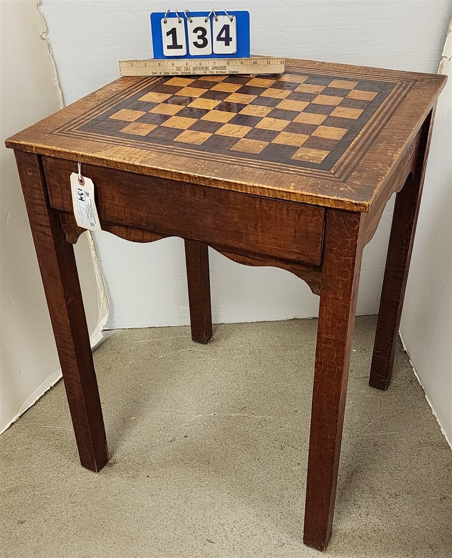 19th C Tiger Maple 1 Drawer Stand w/Inlaid Rosewood + Maple Checkerboard Top 29" H X 22" Sq. (1 of 6)