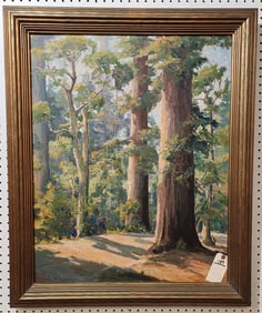 Framed O/C "Morning Sunlight In The Redwoods At Santa Cruz Big Trees" California 1933 Sgnd L.E. De