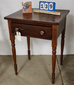 19th C Sheraton Cherry + Tiger Maple 1 Drawer Stand 27" H x 20 3/4" W X 17" D