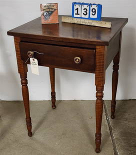 19th C Sheraton Cherry + Tiger Maple 1 Drawer Stand 27" H x 20 3/4" W X 17" D: 19th C Sheraton Cherry + Tiger Maple 1 Drawer Stand 27" H x 20 3/4" W X 17" D