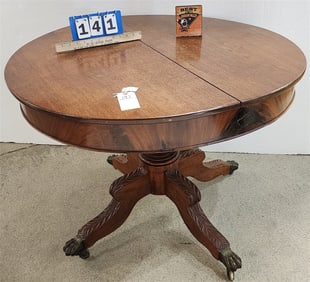 Empire Mahog Ped. Base Table w/Acanthus Carved Legs w/Brass Paw Feet 28 1/2" H X 38 1/4" Diam.