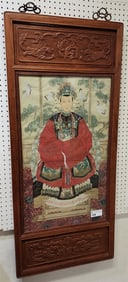 Pr. Chinese Carved Framed Ptgs. On Silk Of Ancestors 33" H X 19 1/4" w/Frame 54 1/4" X 23 3/4"