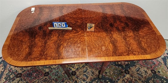 Double Ped. Mahog + Burl Walnut Dining Table 30 1/2" H X 44" W X 76 1/2" L