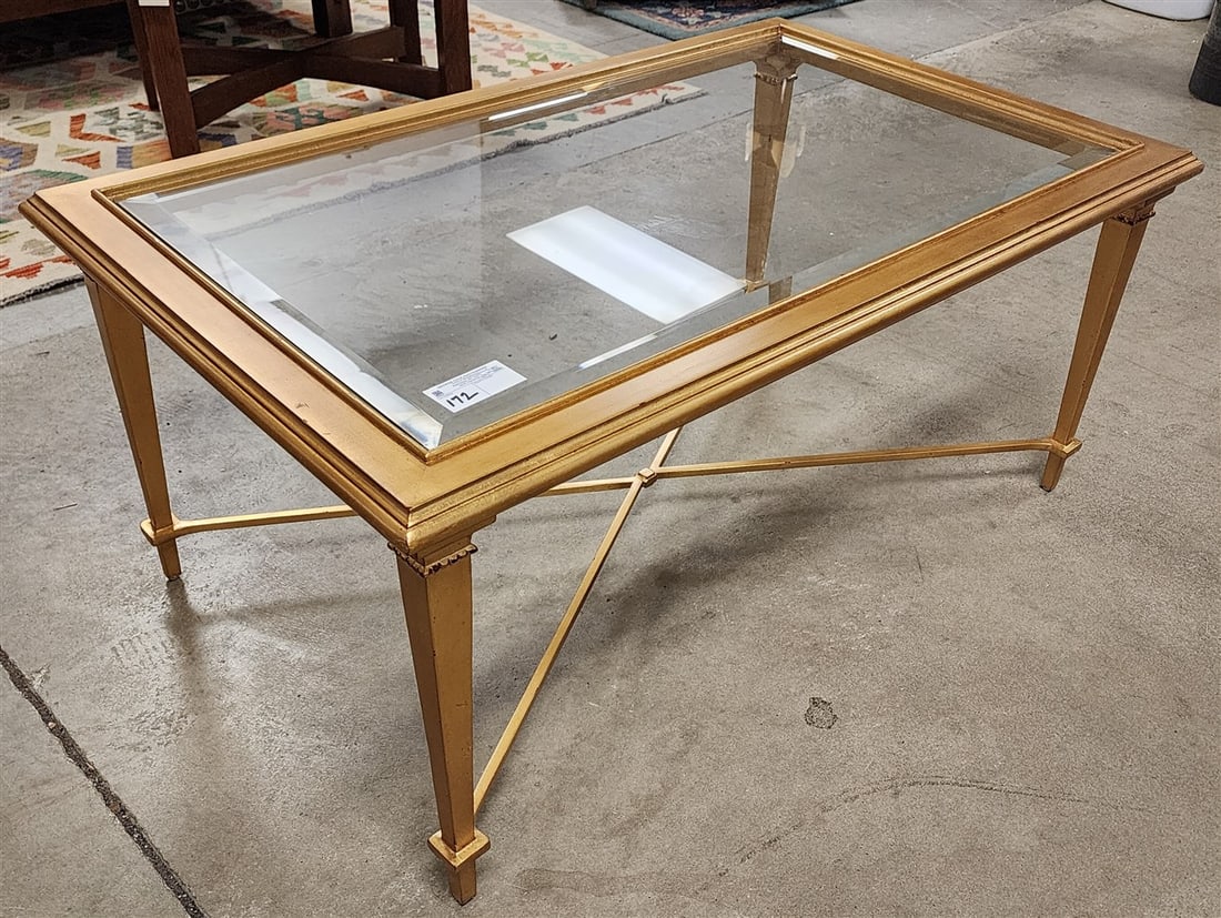 Giltwood Bevelled Glass Top Coffee Table 19" H X 42" W X 26" D: Giltwood Bevelled Glass Top Coffee Table 19" H X 42" W X 26" D