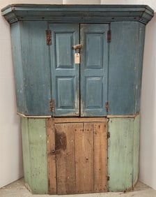 Prim. Ptd. 2 Part 3 Door Corner Cupboard 6'5 1/2" H X 59" W X 30" D - Top Half Blue, Bottom Half