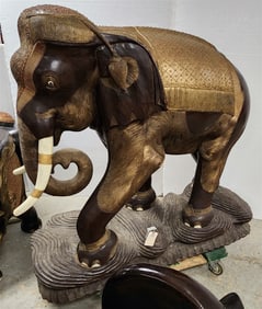 Indo Elephant Sculpture Carved From A Tree Trunk Partial Gilt + Gem Studded 50" H X 55" L X 24" W