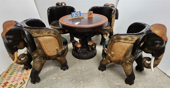 Indo Elephant Base Table Made From A Tree Trunk 28 1/2" H X 34" Diam. w/4 Elephant Chairs Each