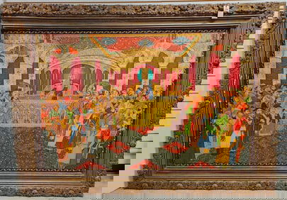 Framed 19th C Indo Ptg. On Panel 4' X 79" w/Frame 62" X 85 1/2"