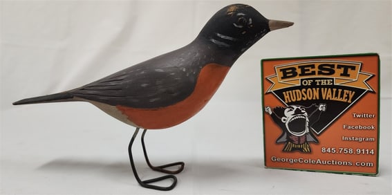 Folk Art Robin Carved Wood By Gus Wilson So. Portland, ME 5 3/4" H X 10" L