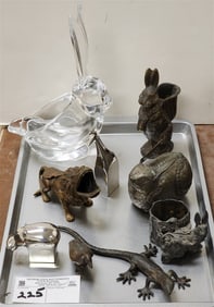 Tray Animal Figurines Bronze- Vienna Goose 2", Lizard 7 1/2" L, 2 Dansk - Giraffe 4" + Hippo 2 1/2",