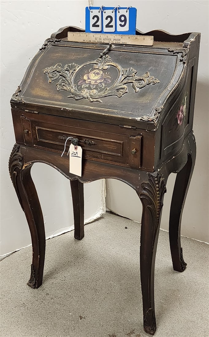 Ladies Hand Ptd. + Carved Slant Front Desk 36 1/2" H X 19" W X 15" D: Ladies Hand Ptd. + Carved Slant Front Desk 36 1/2" H X 19" W X 15" D