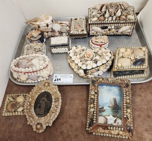 Tray 8 Vintage Folk Art Shell Art Bx's + 2 Frames