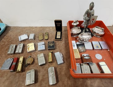 Tray 33 Vintage Lighters Incl. 1951 German Weltzunder Knight Table Lighter 7 1/4", Roman Crown +