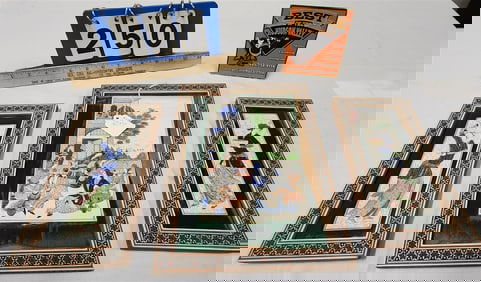 Lot 3 Indo Ptgs. In Inlaid Frames 8" X 5" w/Frame 11" X 7 3/4" + Pr. 2" X 6" w/Frame 9" X 4 1/2"