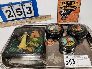 Lot 4 Russian Lacquer Bx's 1 1/2" H X 5" Sq., 2- 1 1/4" X 3" Diam., 1" H X 2 1/2" Diam.