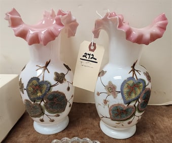 Pr. 19th C Coraline Glass Vases 10"