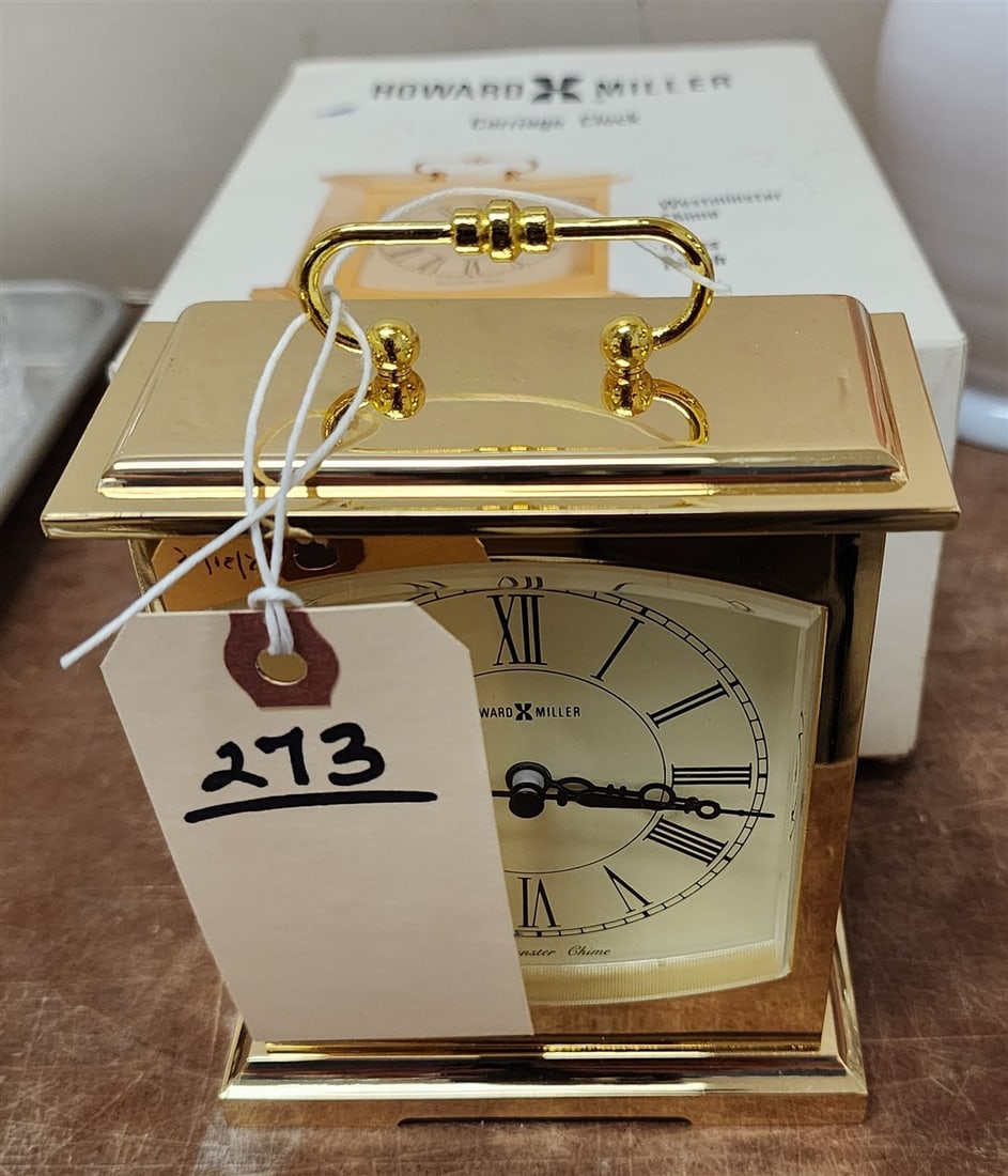 New Bx'd Howard Miller Brass Carriage Clock w/Westminister Chime 6 1/2" H X 4 1/2" W X 2 1/2" D (1 of 3)