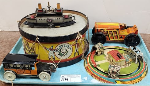 Tray Vintage Tin Toys - Honeymoon Express, Yellow Taxi, Playtime Drum, Hess Berman Wind Up