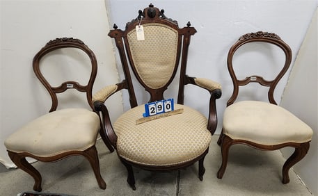 Vict. Walnut Arm Chair 42 1/2" H x 29" W X 23" D w/pr. Rose carved walnut side chairs 35"h x19"w