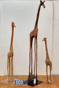 Lot 3 Wooden Giraffe Scultpures 64" , 49" + 37"
