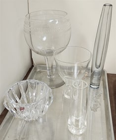 Tray Crystal - Steuben Vase 6 1/2", Orrefors Bowl 4 1/4" H X 6" Diam., Sgnd Vase 12" Hand Blown +
