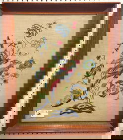 Framed Needle Work Floral w/Pheonix 23" X 19" w/Frame 27 1/2" X 23 1/2"