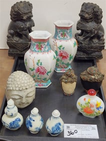 Tray Asian Items - Pr. Marble Foo Dogs 6 1/2" H X 3 1/2" W X 2 3/4" D, Marble Buddha Head 3 1/2" H X