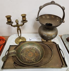 Tray Chinese + Indo Brass - Trays 15 1/4" X 7 1/2", 11 3/4" X 8 1/4", 11" X 8", Handled Jug 12 1/2"