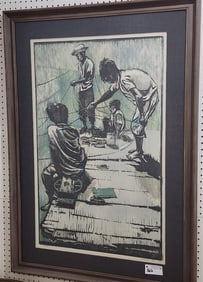 Framed Wood Block Print Fishermen Sgnd Moshe Gat 36" X 23" w/Frame 46" X 33"