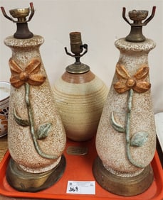 Tray Pr. Mid Century Ceramic Lamp 17" + Pottery Lamp 14"