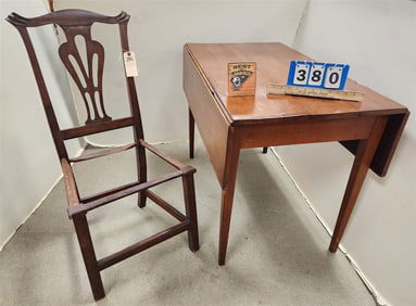 19th C Cherry Drop Leaf Table 28" H X 40" W X 22" D w/18th C Side Chair 3'H X 18 3/4" W X 14" D