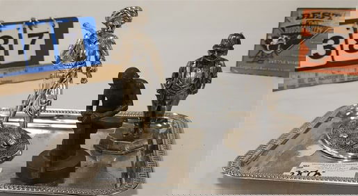 Tray 19th C Bronze 4 1/2" Bou w/Thorn, Indo Silverplate Walking Figure 6 1/4" + Freemason Metal