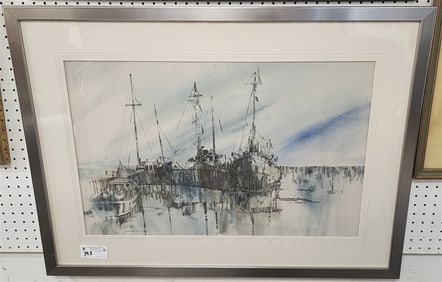 Framed Pen + Ink Dock Scene Sgnd '69 18" X 28 1/2" w/Frame 28" X 38"