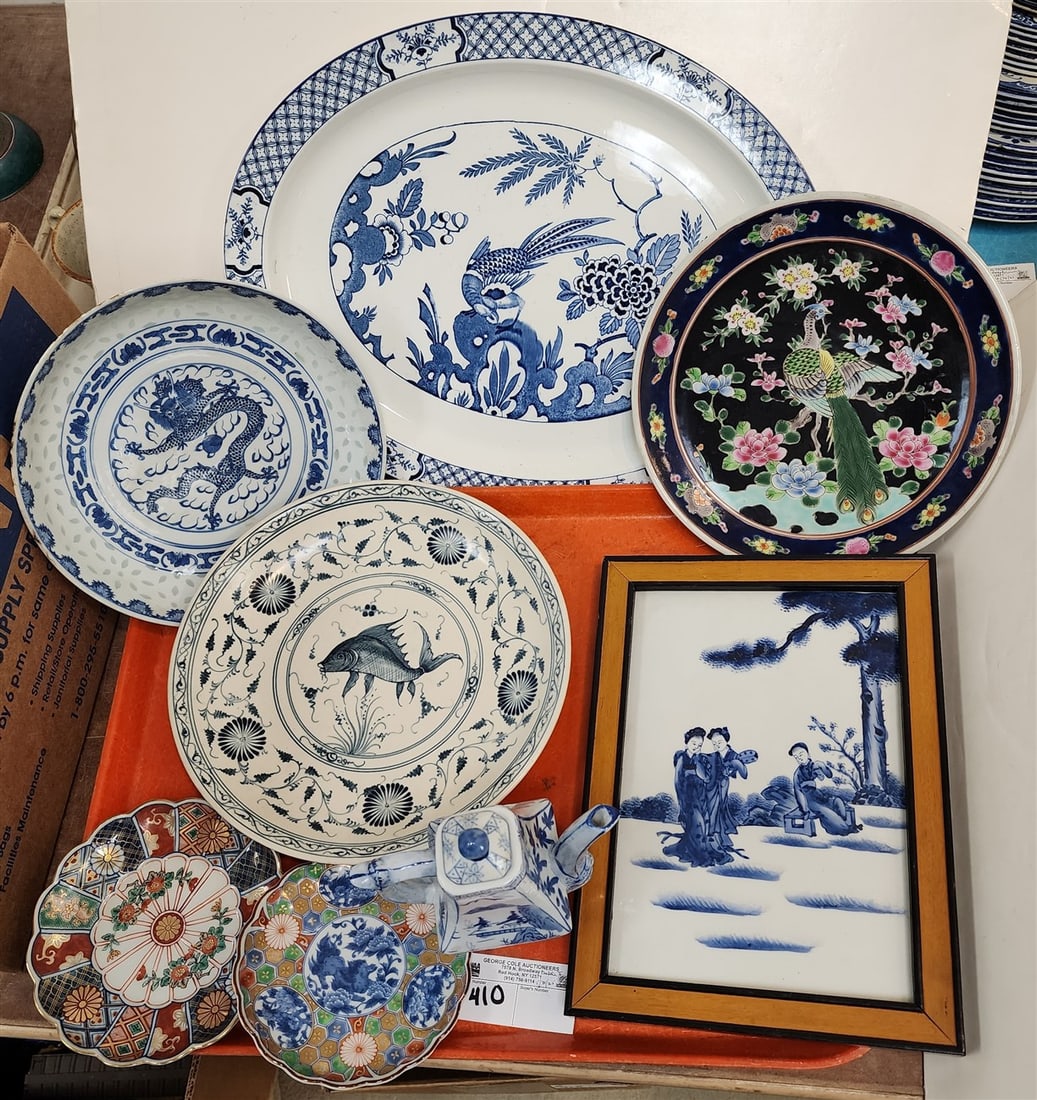 Tray Chinese Plates, English Transferware Platter Yuan 16 1/2" X 13", Framed Blue + White Porcelain (1 of 16)