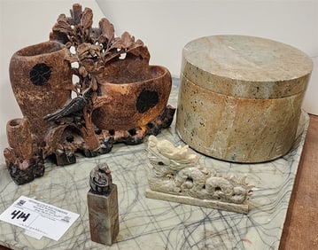 Tray Soapstone Vase 7" H X 9 1/2" L, Covered Bx 4 1/2" H X 6 1/2" Diam.