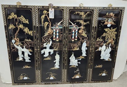Set 4 Chinese Lacquer Panels w/MOP Inalid Figures 36" X 12" Ea.