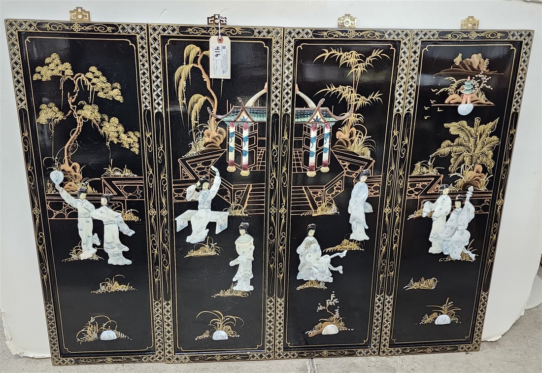 Set 4 Chinese Lacquer Panels w/MOP Inalid Figures 36" X 12" Ea. (1 of 3)