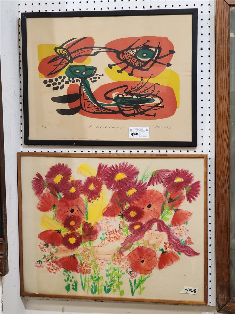 Framed Litho "The Bird" Pencil Sgnd Anton Rooskens 63/90 '71, 17" X 23" w/Frame 18 1/2" X 24 1/2" +: Framed Litho "The Bird" Pencil Sgnd Anton Rooskens 63/90 '71, 17" X 23" w/Frame 18 1/2" X 24 1/2" + Framed W/C Floral 19 3/4" X 25 3/4" w/Frame 20 3/4" X 23 3/4"