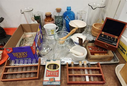 Tray Pharmacy Bottles, Scale, Beakers, Mortar + Pestles, Etc.
