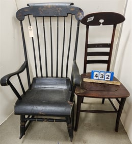 19th C Stenciled Rocker 41" H X 23" W X 16 1/2" D + Mahog Side Chair 38" H X 16 1/2" W X 16" D