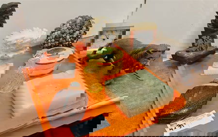 Tray Tiffany Desk Clock, Wood Carvings, Alabaster Ash Tray, Marble Mini Urn, Flask, Etc.