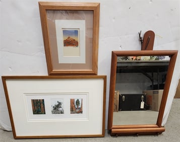 Bx Framed Items - Etchings Sgnd Claus Sievert, Gary Suazo + Cherry Framed Mirror