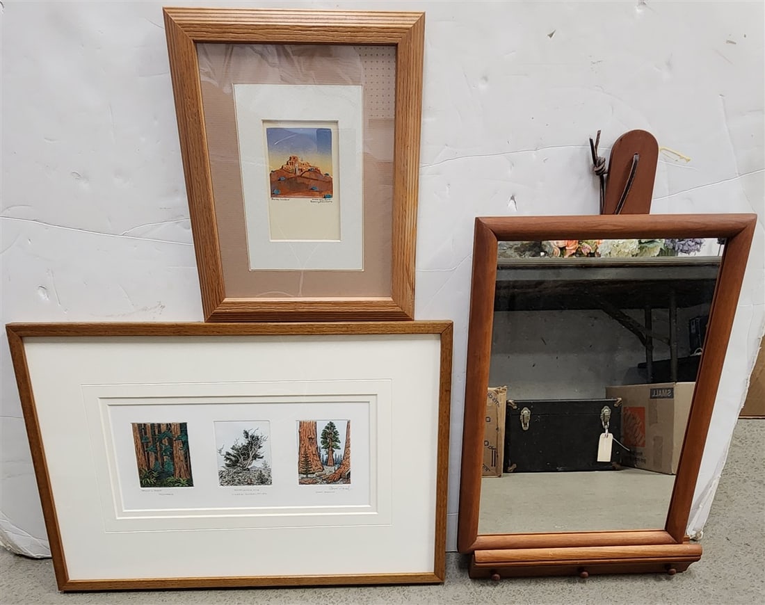 Bx Framed Items - Etchings Sgnd Claus Sievert, Gary Suazo + Cherry Framed Mirror (1 of 8)