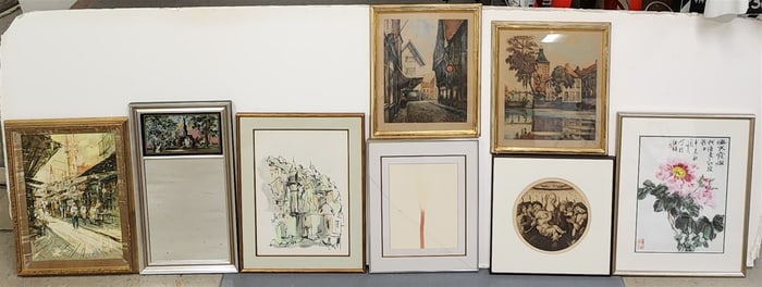 Bx 8 Framed Items Etchings, O/B, Mirror, Etc.