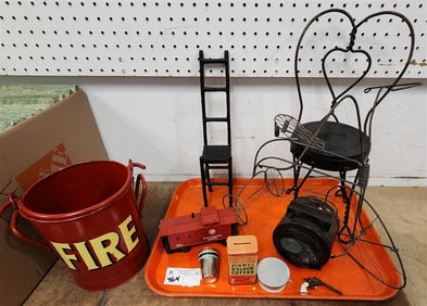 Tray Metal Fire Bucket, Doll's Soda Fountain Chair, Bronze Chair 15" Etc.